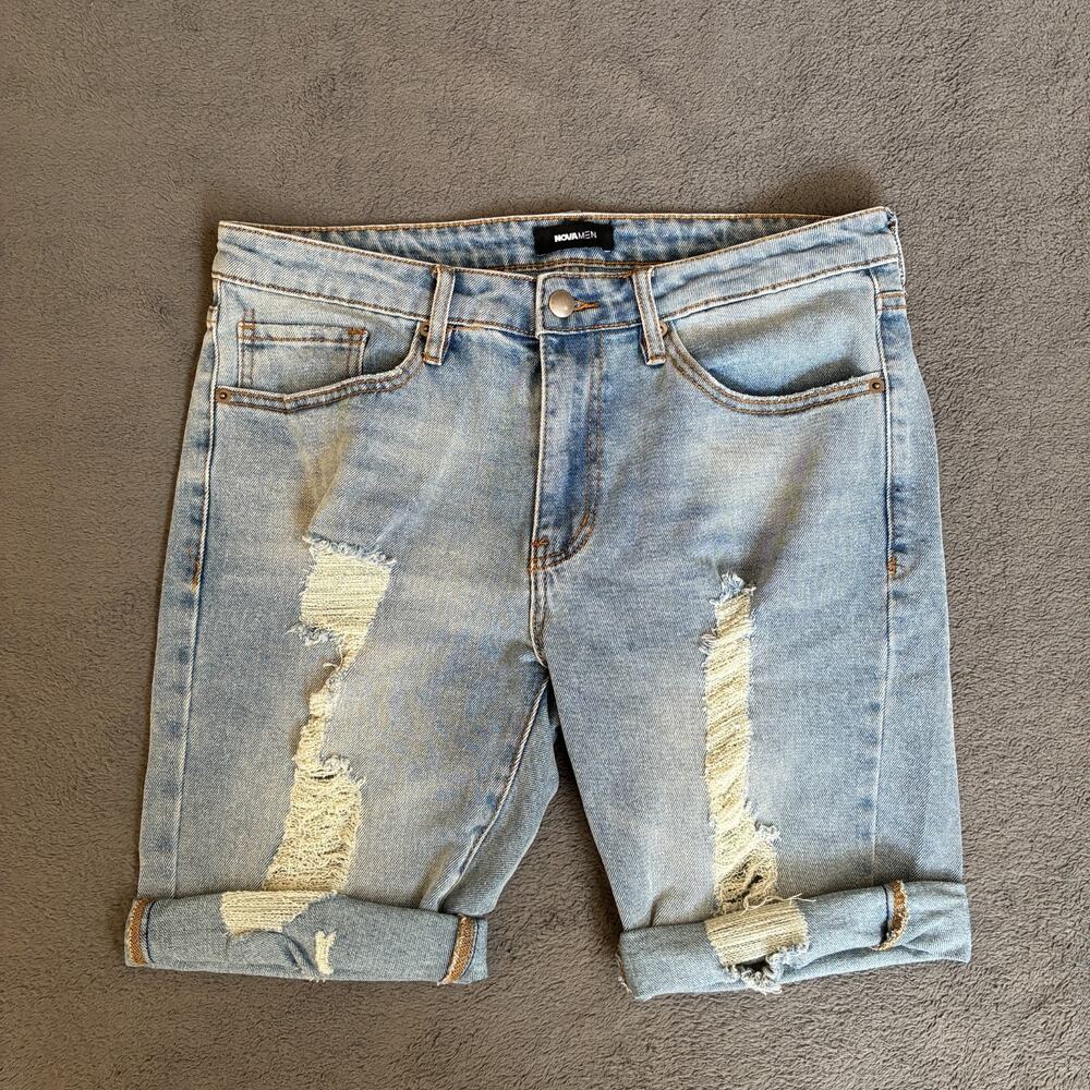 NOVAMEN Light Blue Wash Distressed Slim Denim Frayed Rips Shorts Men's Size 32